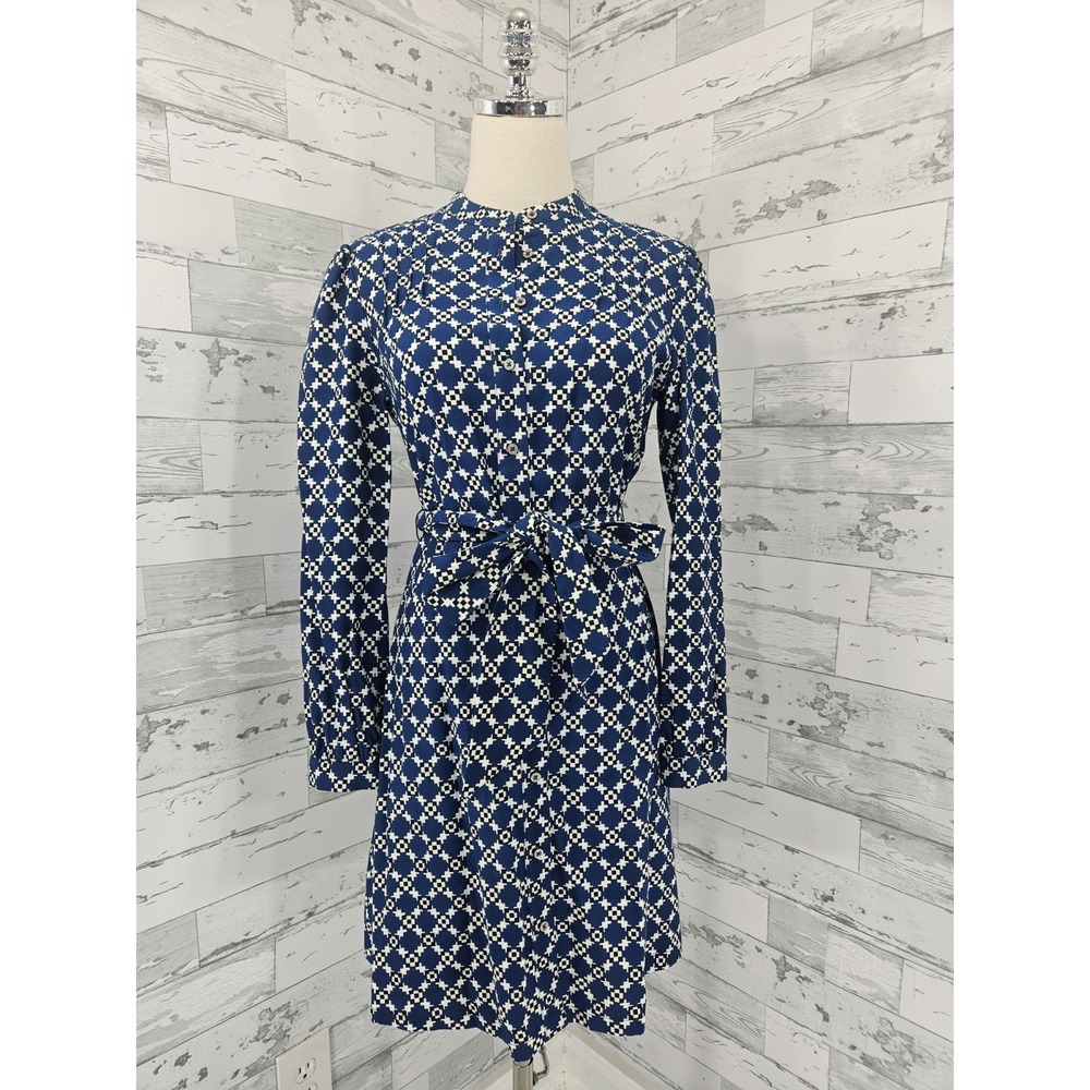 UNTUCKit For Her Virginia Blue Geometric Diamond Button Front Belted Dress 2